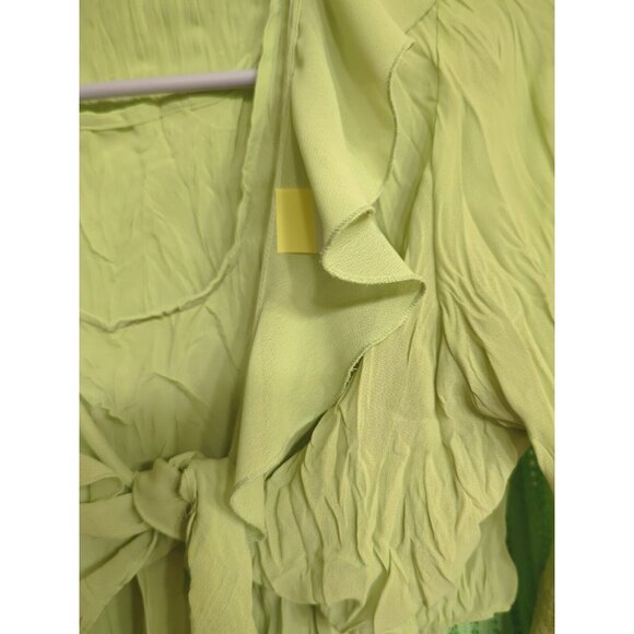 Womens Blouse Green Crinkle Lace 3/4 Sleeves Ruffles Tie Front Brat Vacay Beachy - Picture 8 of 9